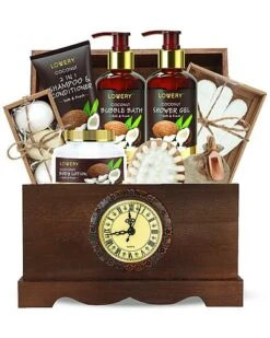 Luxury Bath Gift Set, 13pc Coconut Luxury Body Care In Vintage Clock Box Women